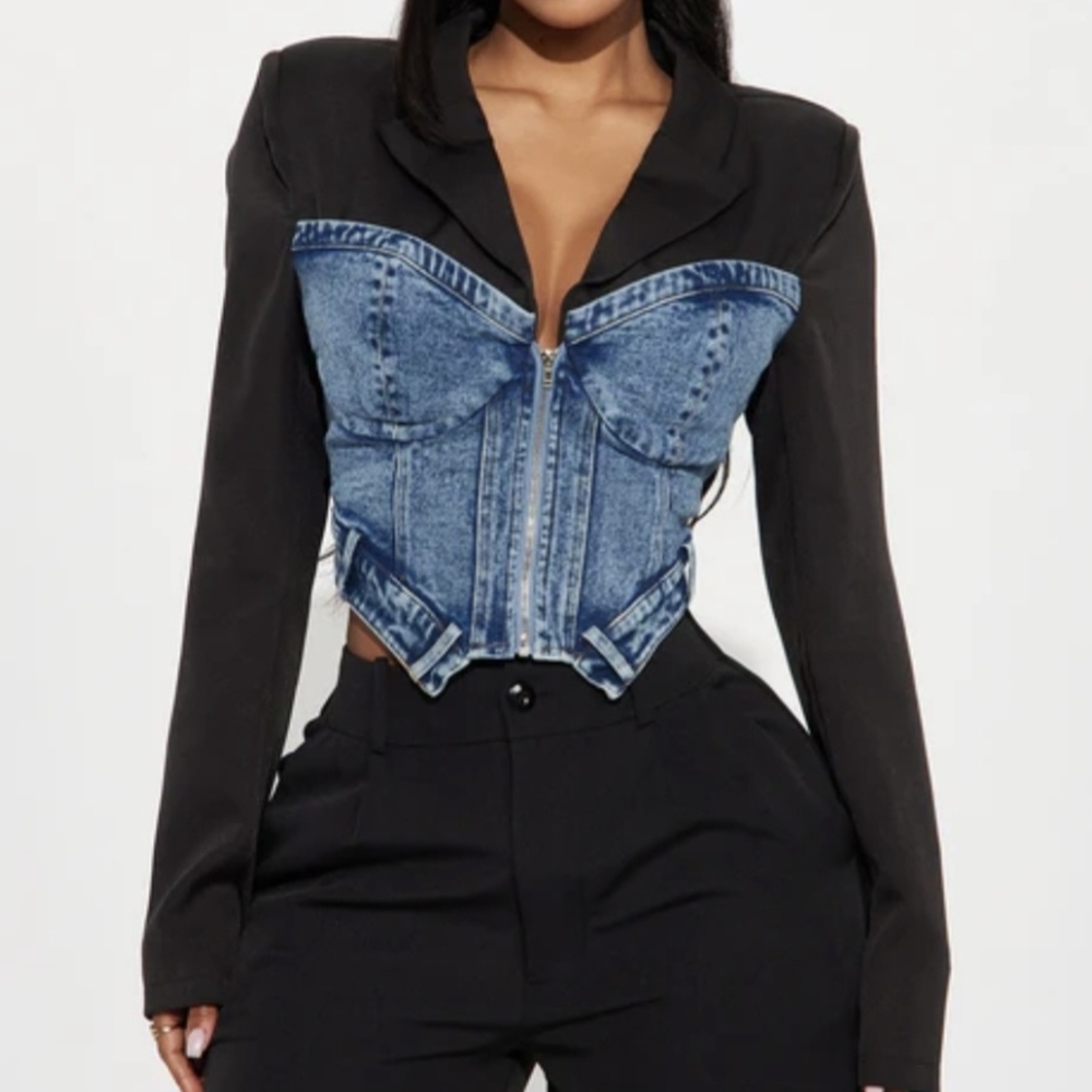 Denim Corset Blazer Top - Blue and Black